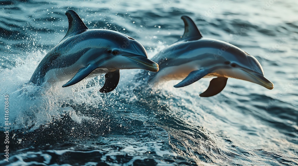 Obraz premium Two dolphins leap over ocean waves