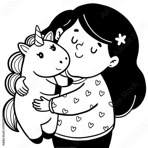 Cute Girl Hugging Adorable Unicorn Pet Illustration for Kids Coloring Book and Crafts