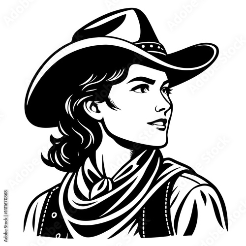 Western Cowgirl Portrait with Hat and Bandana for Tattoos and Graphic Design