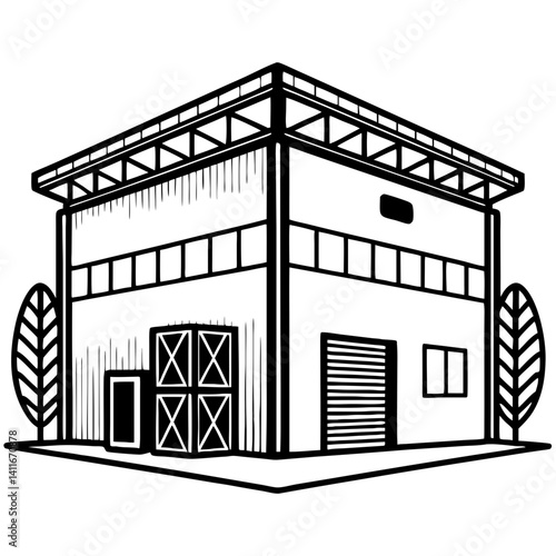 Industrial Warehouse Building Exterior Outline for Architecture and Construction Projects