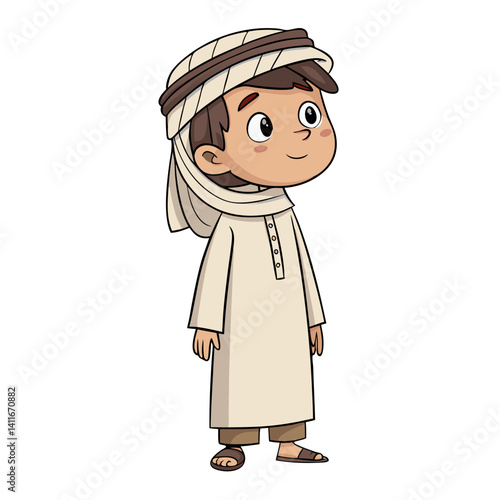 Cute Cartoon Boy in Traditional Middle Eastern Clothing with Friendly Smile