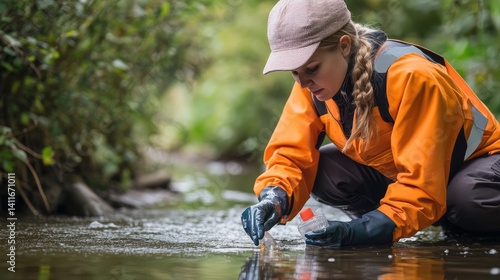 A female scientist collects water samples from a flowing river