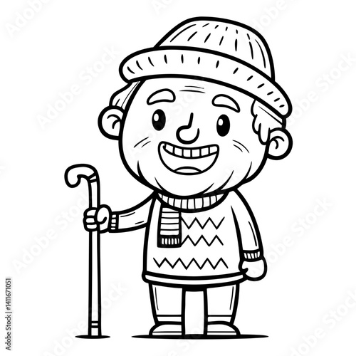 Cheerful Grandfather Character with Walking Cane Cozy Sweater and Beanie for Coloring and Design