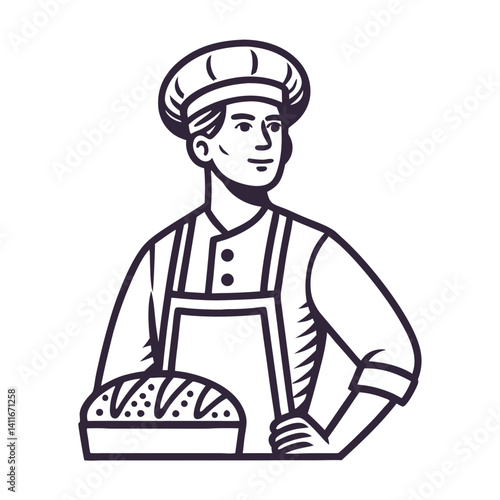 Baker with Fresh Bread in Striped Apron Vintage Style Vector Illustration
