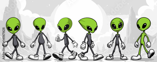 A set of six cartoon alien characters