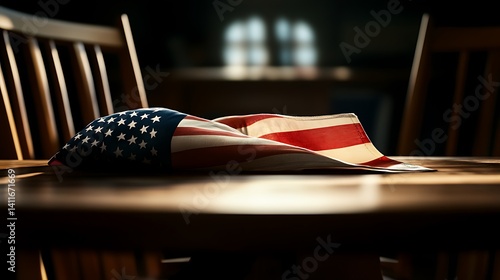Fallen American Flag with Remembrance, and Wooden Table.