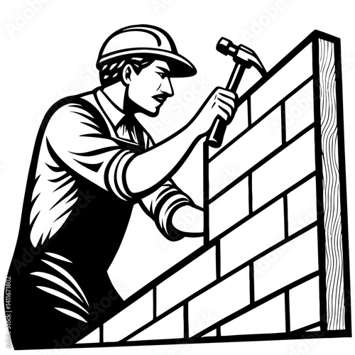 Construction Worker Building Wall with Hammer Vintage Black and White Vector Art