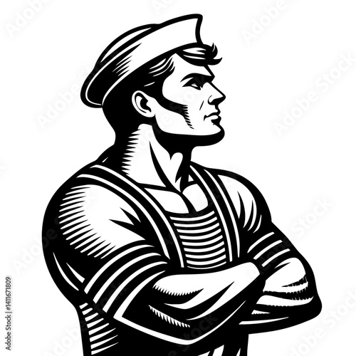 Strong Sailor Portrait with Arms Crossed in Monochrome Vintage Style for Nautical Themes