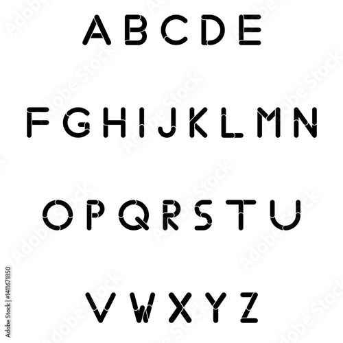 Stencil-style English alphabet in sans-serif font, featuring bold uppercase letters with breaks for cut-out designs and signage use