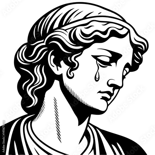 Melancholic Female Face Illustration with Tear Expressing Emotion and Beauty for Art Projects