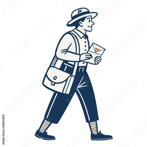 Vintage Postal Worker Walking with Envelope in Messenger Bag for Retro Design Projects