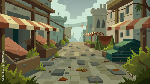 The lack of foot traffic in the marketplace had caused the cobbled streets to become overgrown with weeds and grass further adding to the sense of abandonment and decay.. Vector illustration