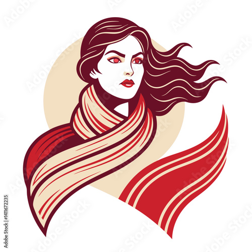Bold Woman with Flowing Hair and Stylish Scarf in Vibrant Red Tones for Graphic Design Projects