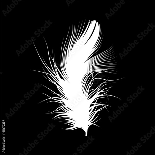 silhouette of a white bird's feather and down isolated on a black background. black and white drawing of a bird's feather. stock vector illustration. EPS 10.
