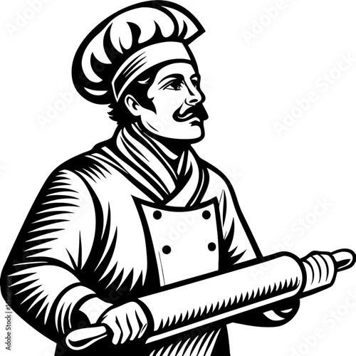 Chef Wearing Hat Holding Rolling Pin Vintage Style Illustration for Culinary Designs