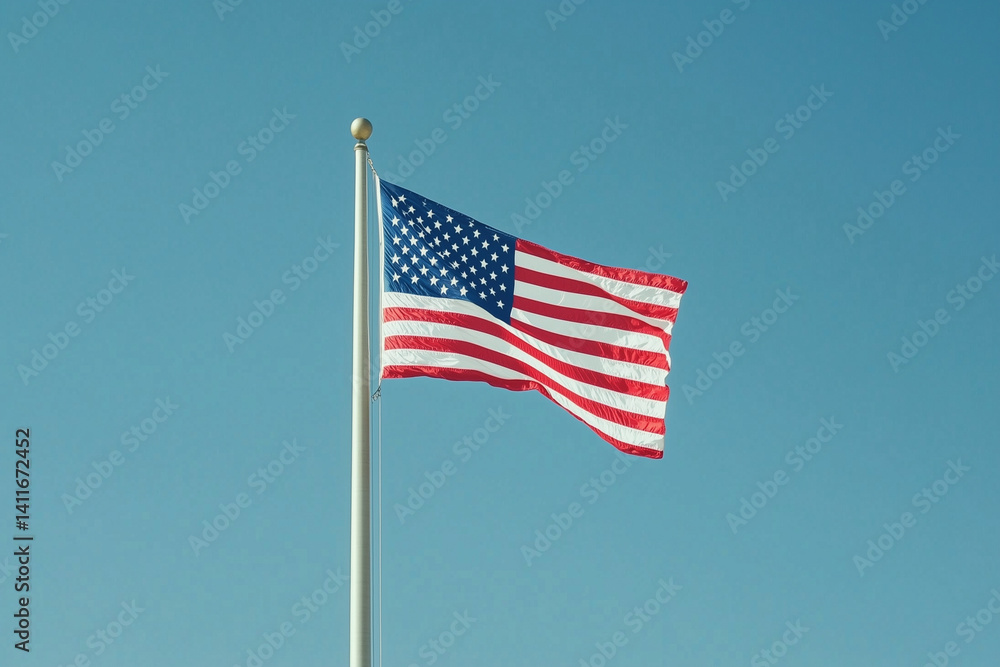 Naklejka premium American flag waving against clear blue sky, patriotic symbol of USA independence and freedom