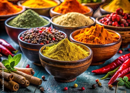 Asian Cuisine with a Low Angle View of Bowls of Colourful Spices with Focus to a Bowl of Turmeric Based Curry Powder