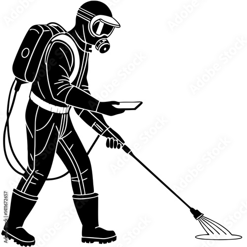 Industrial Worker in Protective Gear Using Sprayer to Apply Chemicals for Pest Control