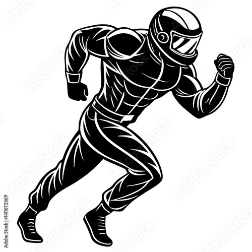 Dynamic Racing Figure in Stylish Helmet Running Design for Sports Branding and Merchandise