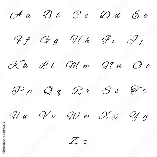 Cursive calligraphic English alphabet featuring elegant uppercase and lowercase letters for decorative and design purposes