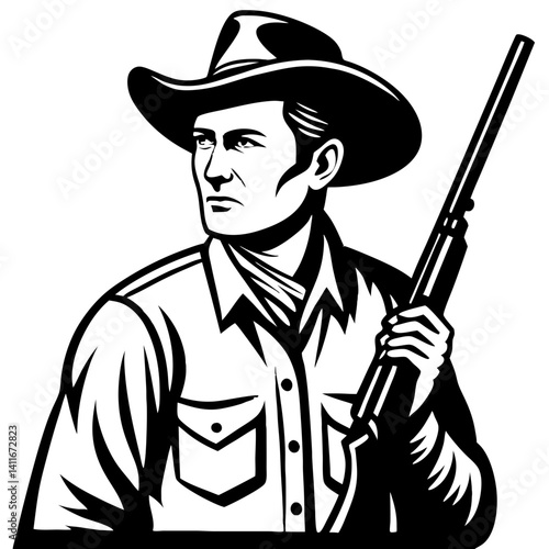 Vintage Cowboy Illustration with Rifle for Western Theme Decor and Tattoo Design