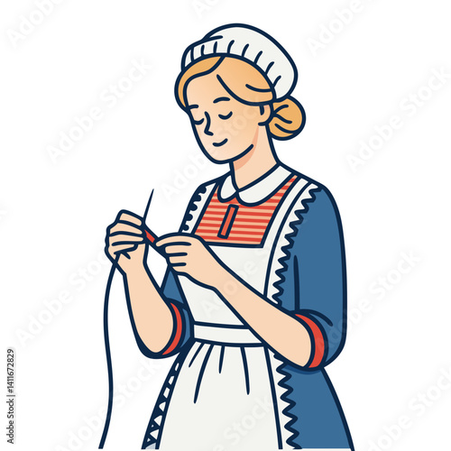 Young Woman Knitting Handmade Crafting Traditional Attire Cozy Creative Activity