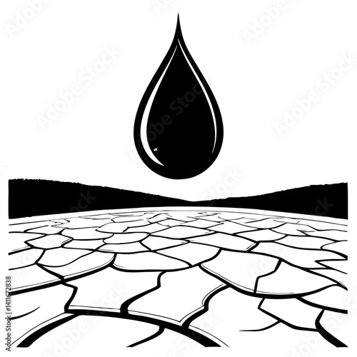 Drop of Water Above Cracked Earth Symbolizing Drought and Water Scarcity for Environmental Themes