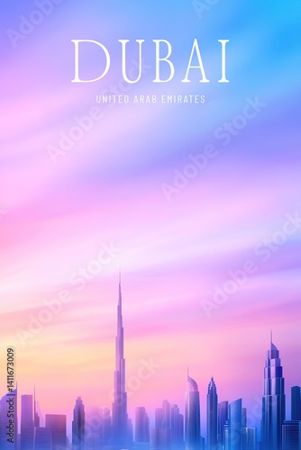 Sunset gradient over Dubai skyline for travel posters