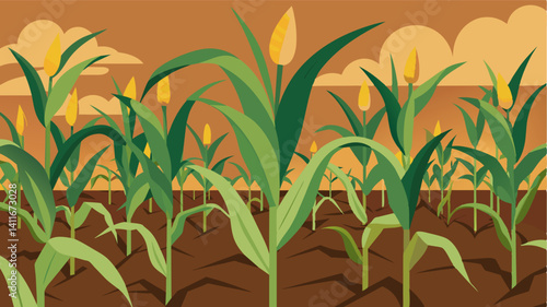 In the sea of corn a few struggling stalks could be seen their tiny pale ears a reminder of the lack of nutrients and water in the soil.. Vector illustration