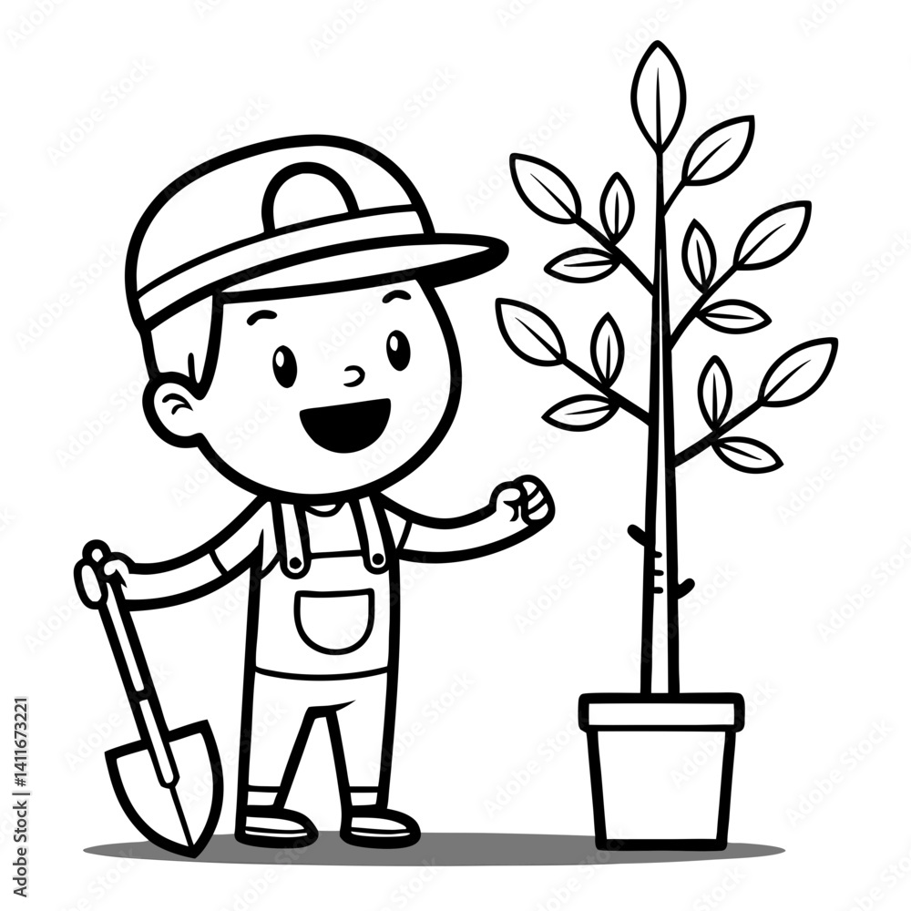 Happy Child Gardening with Shovel and Potted Plant Ideal for Coloring Books and Educational Materials Happy Child Gardening with Shovel and Potted Plant Ideal for Coloring Books and Educational Materials