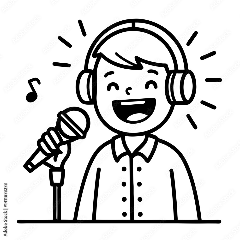 Happy Child Singing with Microphone and Headphones in Fun Music Illustration Happy Child Singing with Microphone and Headphones in Fun Music Illustration