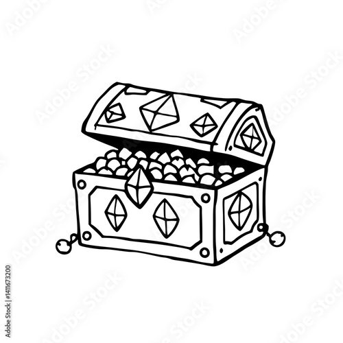 Treasure Chest Full of Gems and Jewels Ideal for Coloring Books and Tattoo Designs