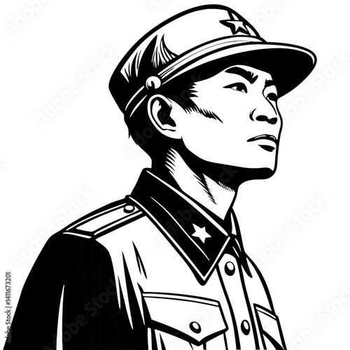 Military Man Portrait Wearing Officer Uniform with Cap in Bold Monochrome Style