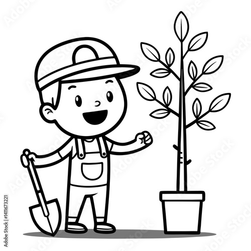 Happy Child Gardening with Shovel and Potted Plant Ideal for Coloring Books and Educational Materials