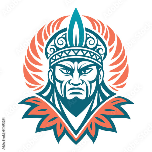 Bold Warrior Tribal Face Illustration with Leaf Patterns for Tattoo and Design Projects