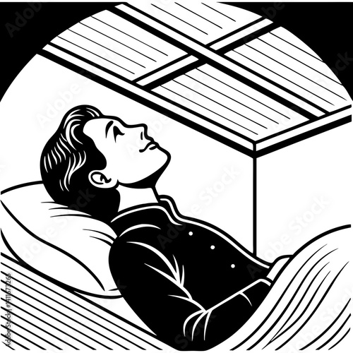 Dreaming Man in Bed with Box Above Him in Simple Line Art Style