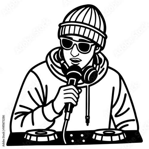 Urban DJ in Beanie Rapping with Microphone and Headphones at Turntables Vector Illustration