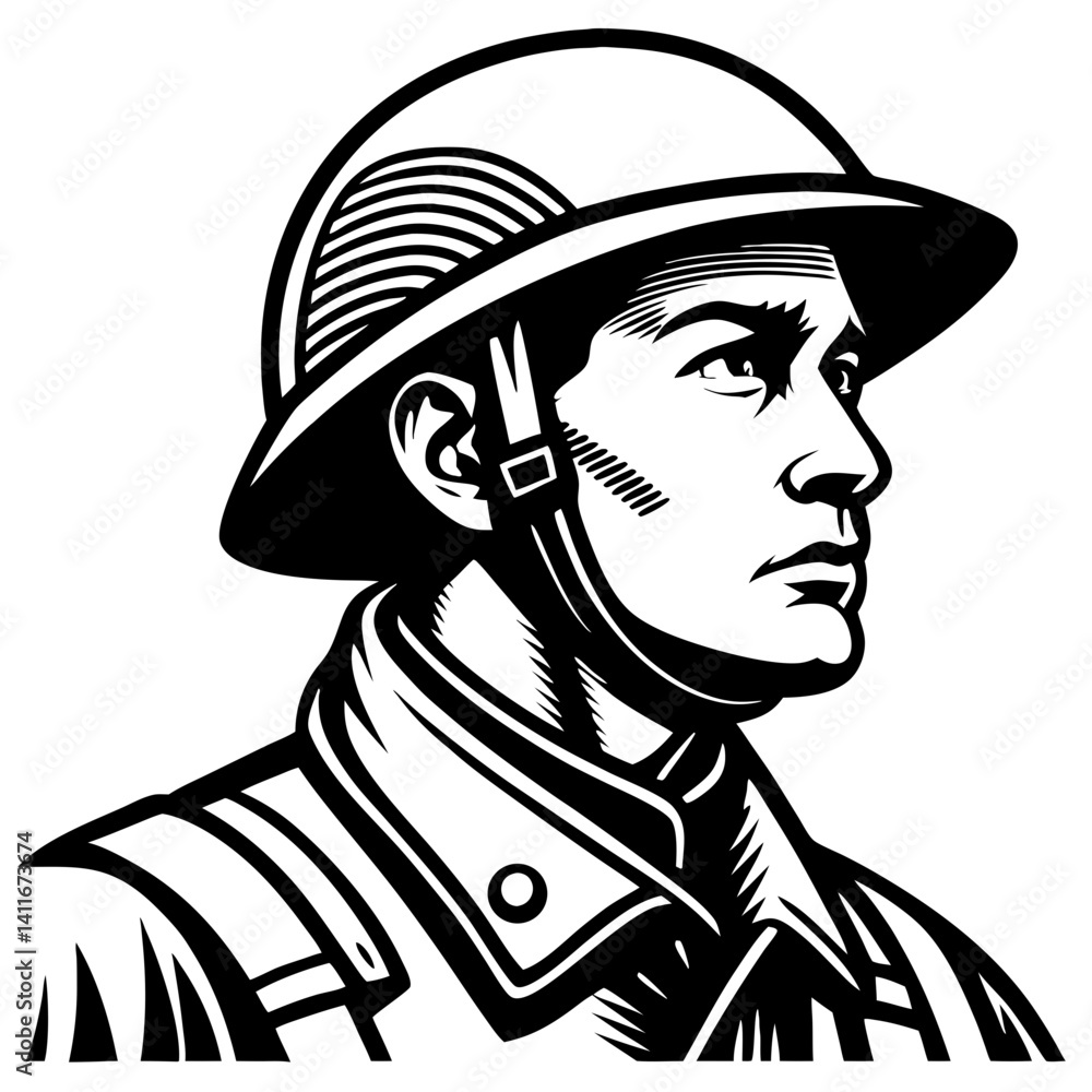 Fototapeta premium Veteran Soldier Profile Headshot Illustration for Historical and Military Themes