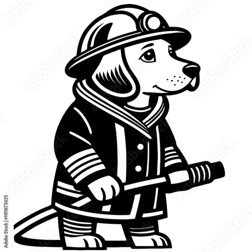Adorable Cartoon Dog Firefighter Character Ready for Rescue Wearing Helmet and Holding Hose