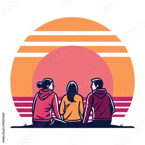 Friends Sitting Together Watching Sunset Vector Illustration for Relaxation and Reflection