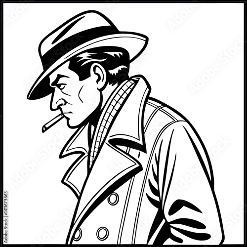 Swaggering Detective Character in Classic Trench Coat with Cigarette Stylish Noir Illustration