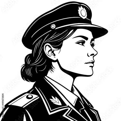 Profile Portrait of a Female Officer in Uniform for Tattoo Design and Illustration Projects