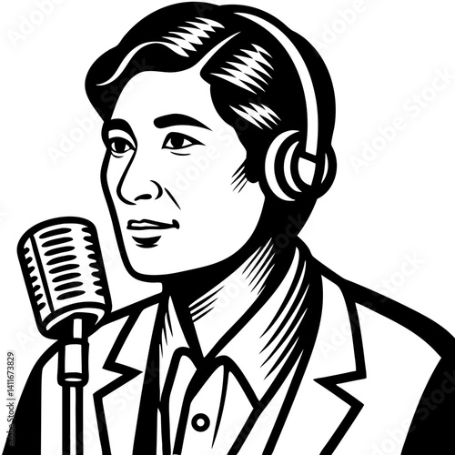Vintage Male Radio Host Vector Illustration with Microphone and Headphones for Creative Projects