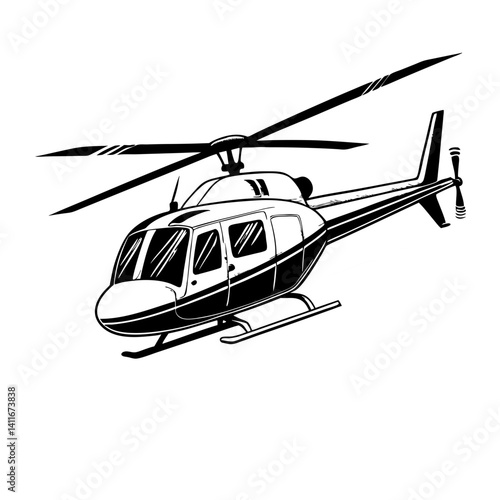 Detailed Black and White Helicopter Illustration for Tattoo Design and Coloring Books