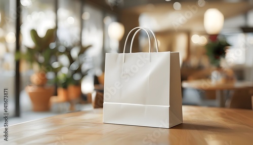 Wallpaper Mural White Paper Shopping Bag On Light Wooden Table. Paper bag mockup Torontodigital.ca