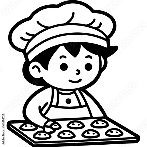 Cute Cartoon Chef Baking Cookies on a Baking Sheet with a Joyful Expression