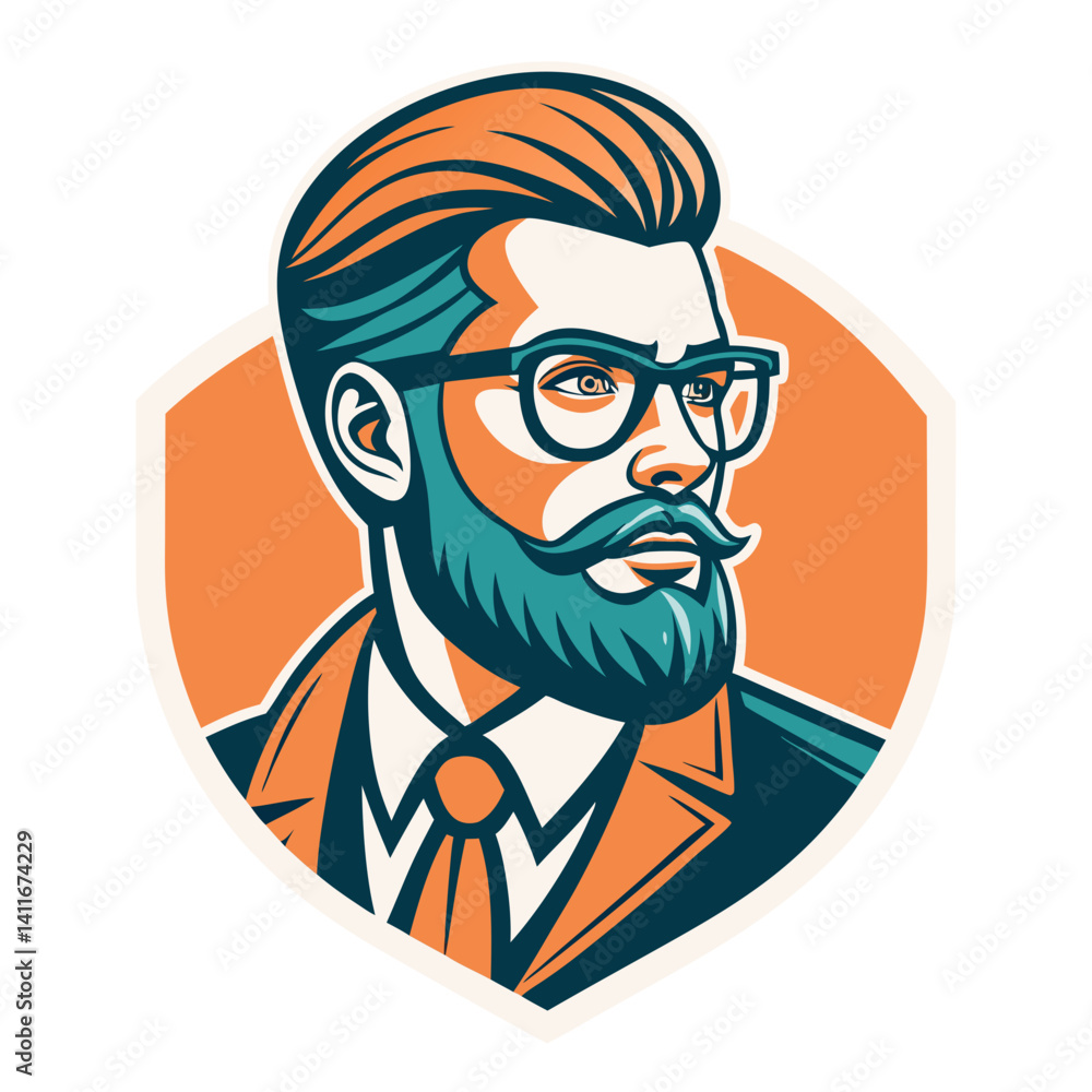Stylish Handsome Man with Beard and Glasses in Vintage Suit Vector Graphic Design for Branding Stylish Handsome Man with Beard and Glasses in Vintage Suit Vector Graphic Design for Branding
