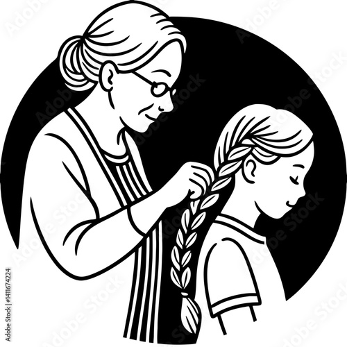 Grandmother Braiding Granddaughter's Hair Vintage Family Bonding Illustration