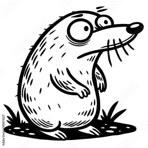Whimsical Cartoon Mole Character Illustrated in Black and White for Creative Projects