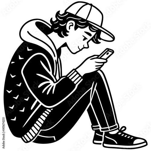 Teen Boy Sitting and Texting on Smartphone in Casual Outfit Vector Illustration